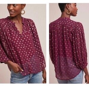 Anthropologie Moulinette Soeurs sheer blouse, Large Allegra Burgundy Gold Foil